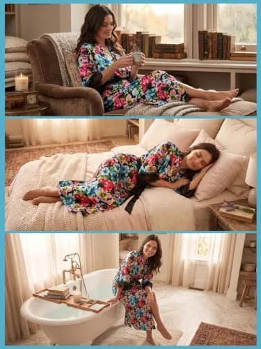 Ashford & Brooks Women's Satin Lace Trim Long Kimono Robe - Floral - Small | Flowy, lightweight satin for lounging thumbnail 5