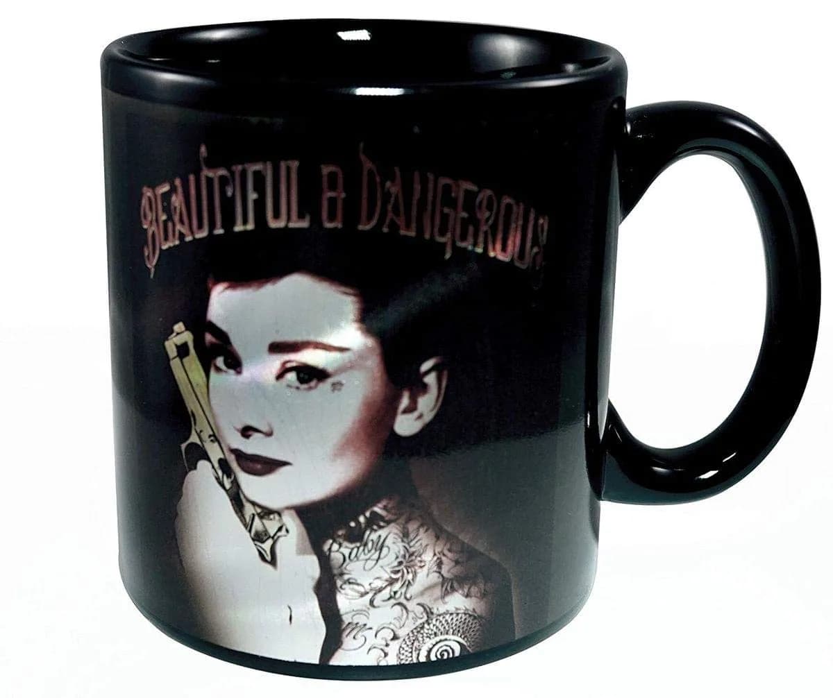 JUST FUNKY Audrey Hepburn Beautiful and Dangerous 20oz Ceramic Coffee Mug | Iconic Design, Large Capacity, Gift-Ready — Black/White