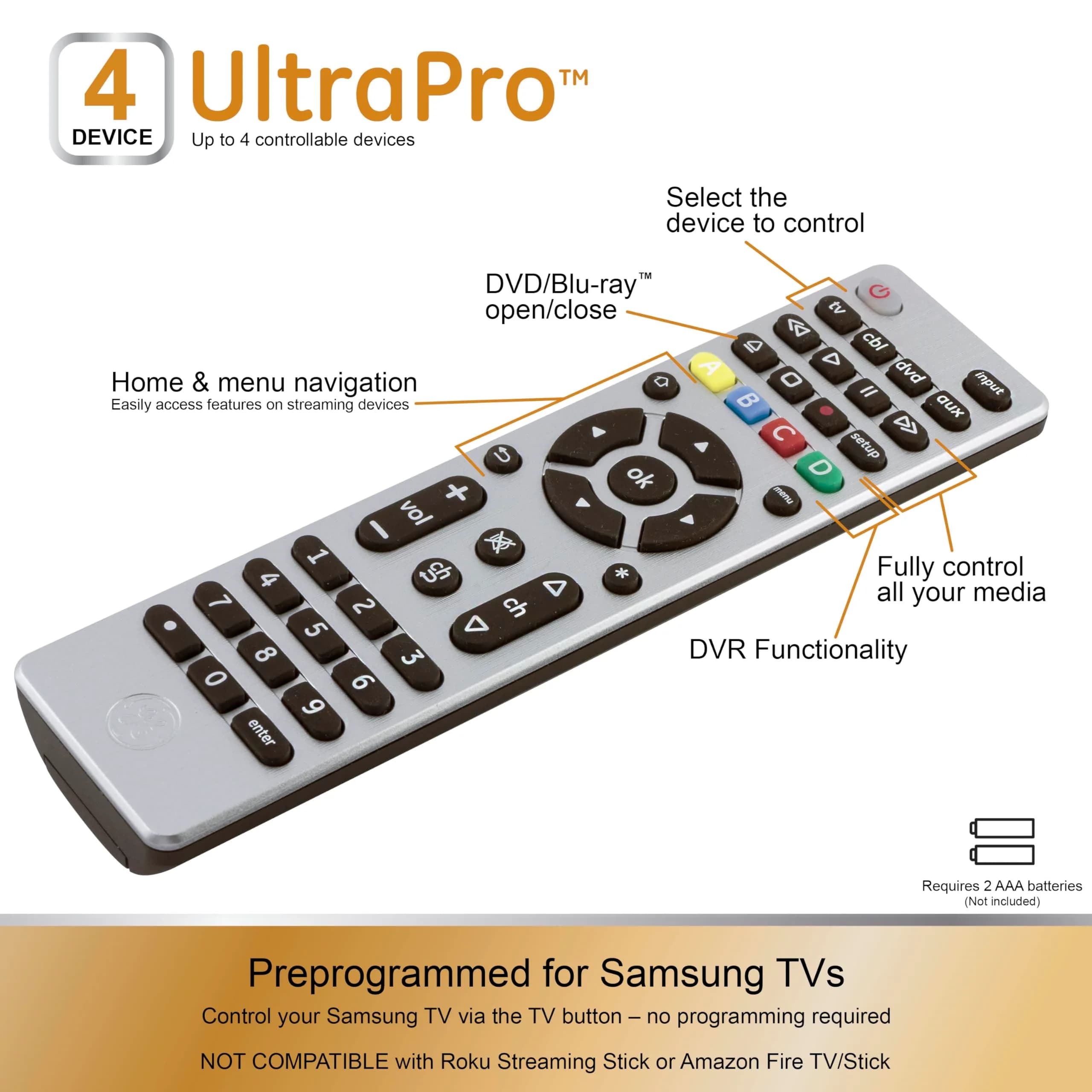 GE Designer Series 4-Device Universal Remote Control with Master Volume | Silver Finish - view 2