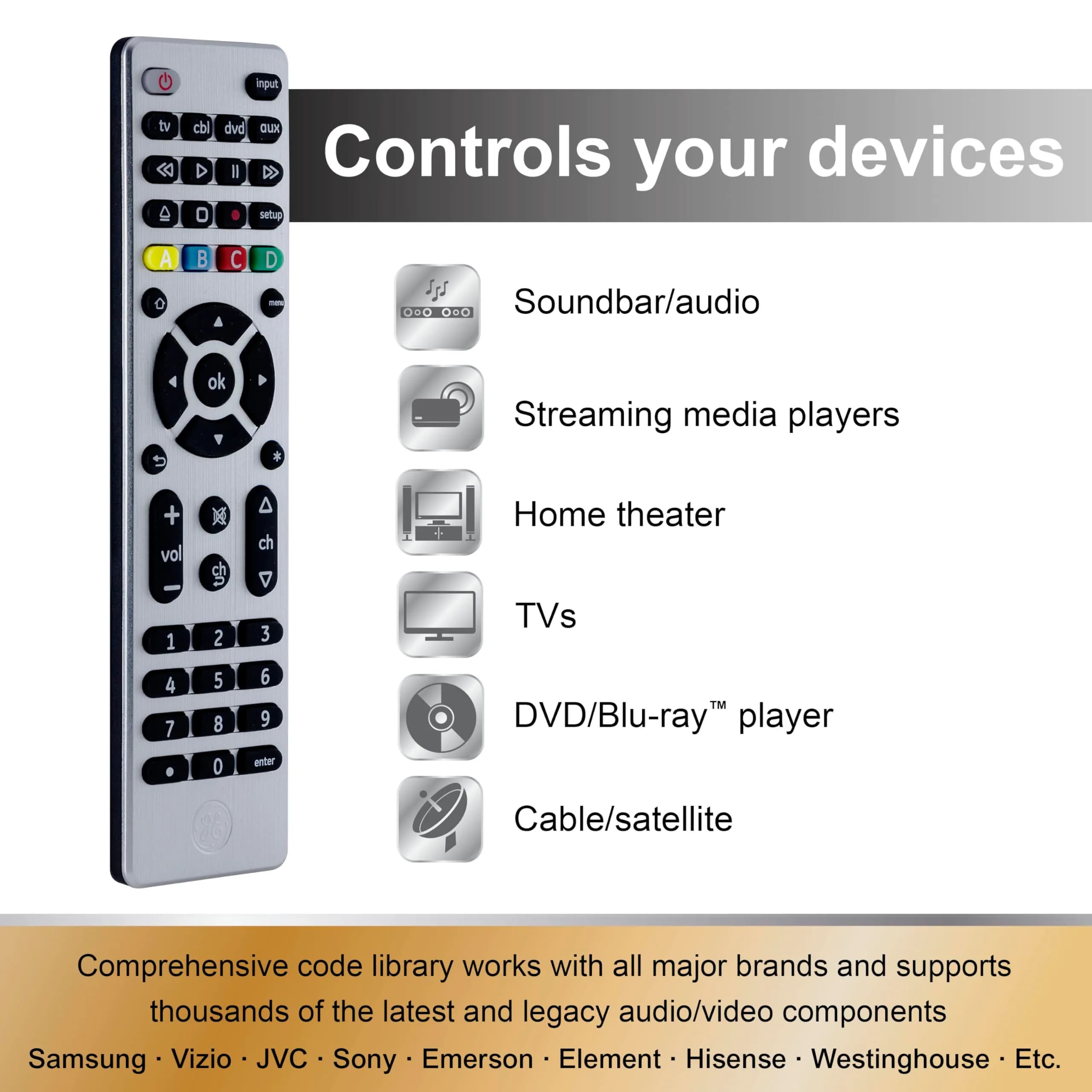 GE Designer Series 4-Device Universal Remote Control with Master Volume | Silver Finish - view 3