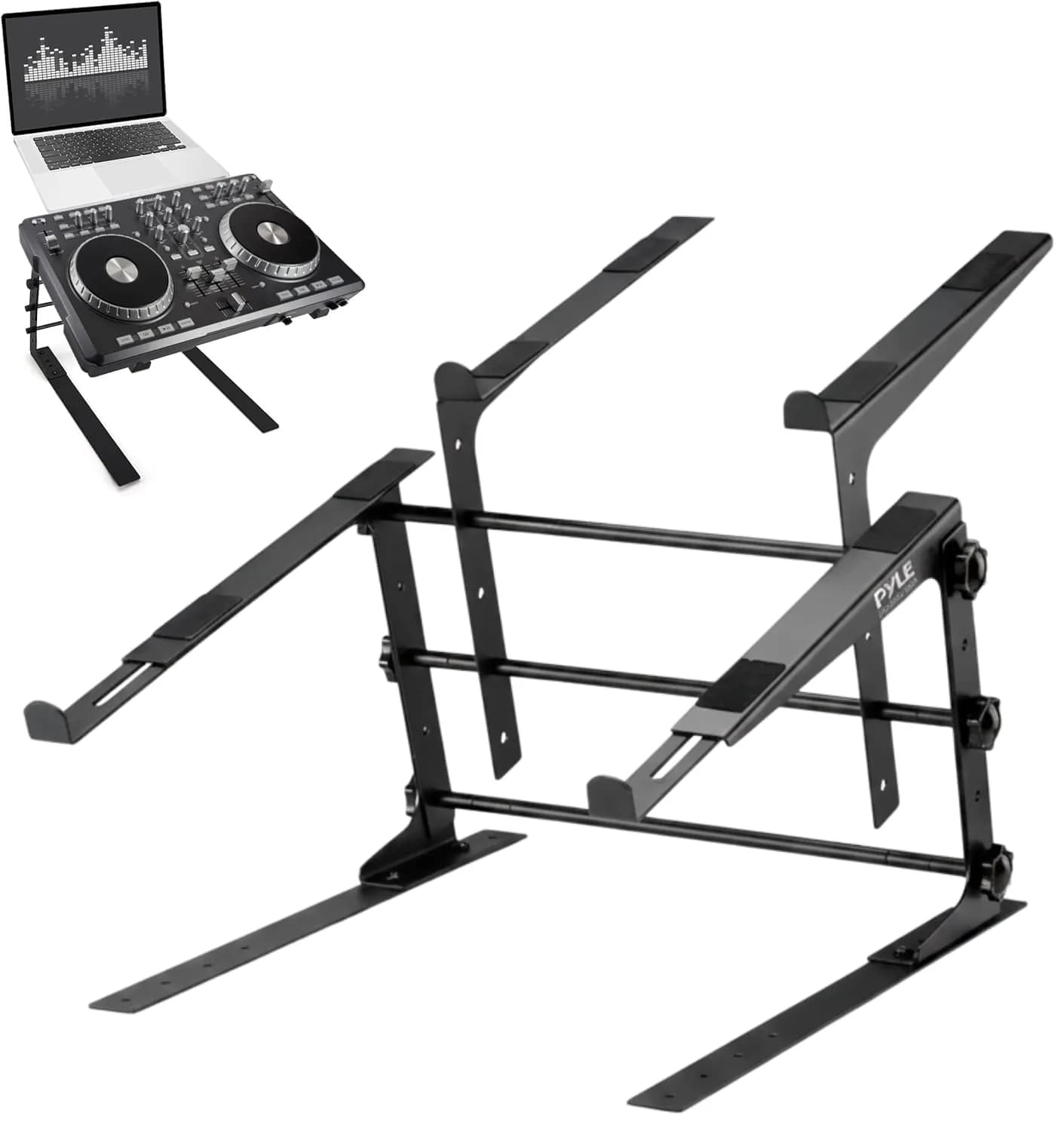 Pyle Portable Dual Laptop Stand - Adjustable Height, Ergonomic & Anti-Slip for DJ Mixer, Sound Equipment & Home Use — Black
