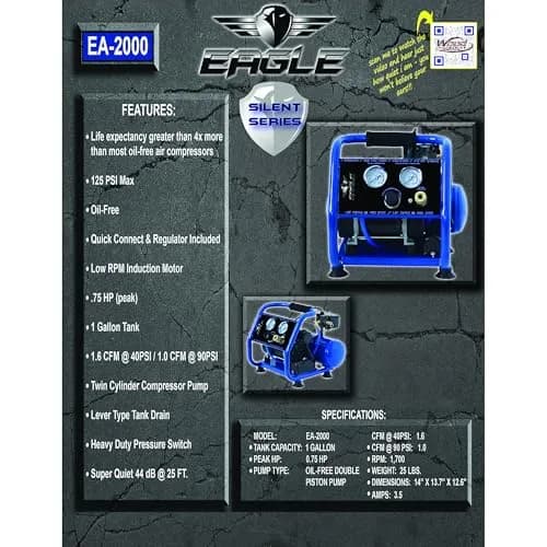 Eagle EA-2000 Silent Series 2000 Portable Air Compressor 1 Gallon | 125 PSI, MAX PSI, 115 V, Blue thumbnail 4