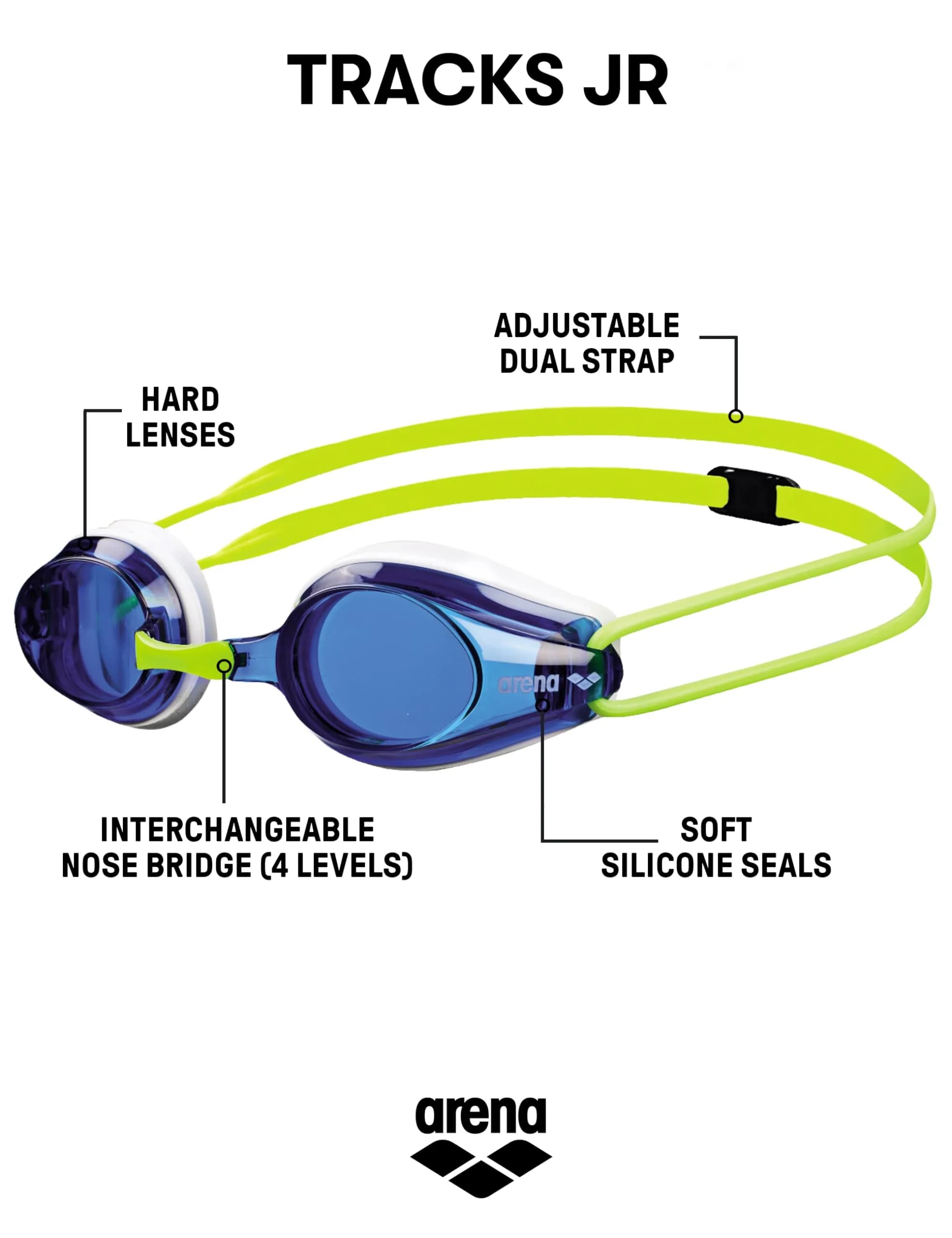 ARENA Tracks Unisex Junior Youth Essential Racing Swim Goggles Kids Swimmers Young Racers Anti-Fog Coated Non-Mirror Lens, Blue/White/Fluo Yellow - view 2
