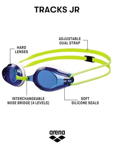 ARENA Tracks Junior Youth Racing Swim Goggles Kids Swimmers Anti-Fog Coated Non-Mirror Lens, Blue/White/Fluo Yellow thumbnail 2