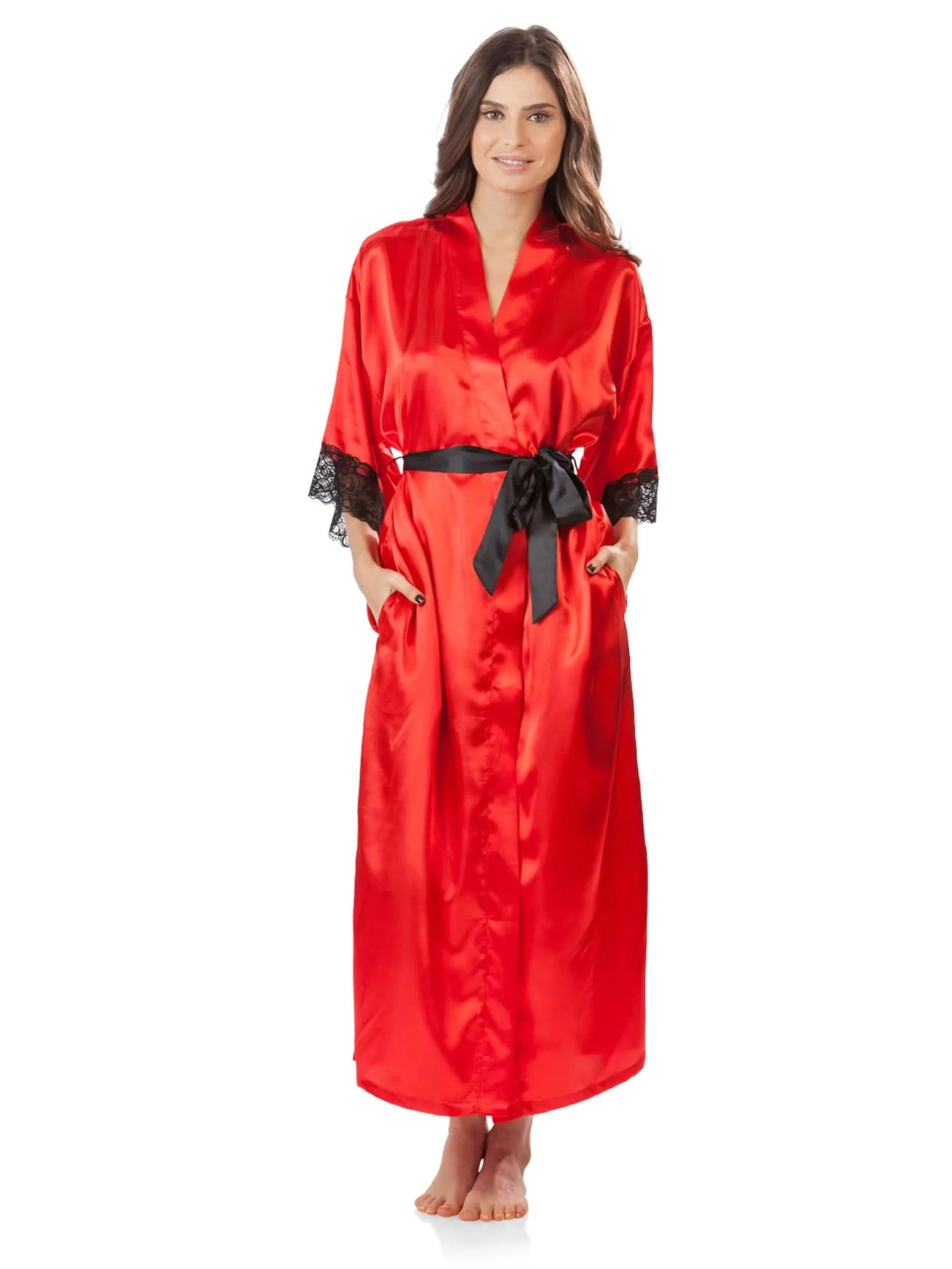 Ashford & Brooks Women's Satin Lace Trim Long Kimono Robe - Floral - Small | Flowy, lightweight satin for lounging — Red