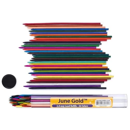 June Gold 36 Assorted Colored 2.0 mm Lead Refills | Vibrant, Break-Resistant, Pre-Sharpened for Heavy Use thumbnail 1