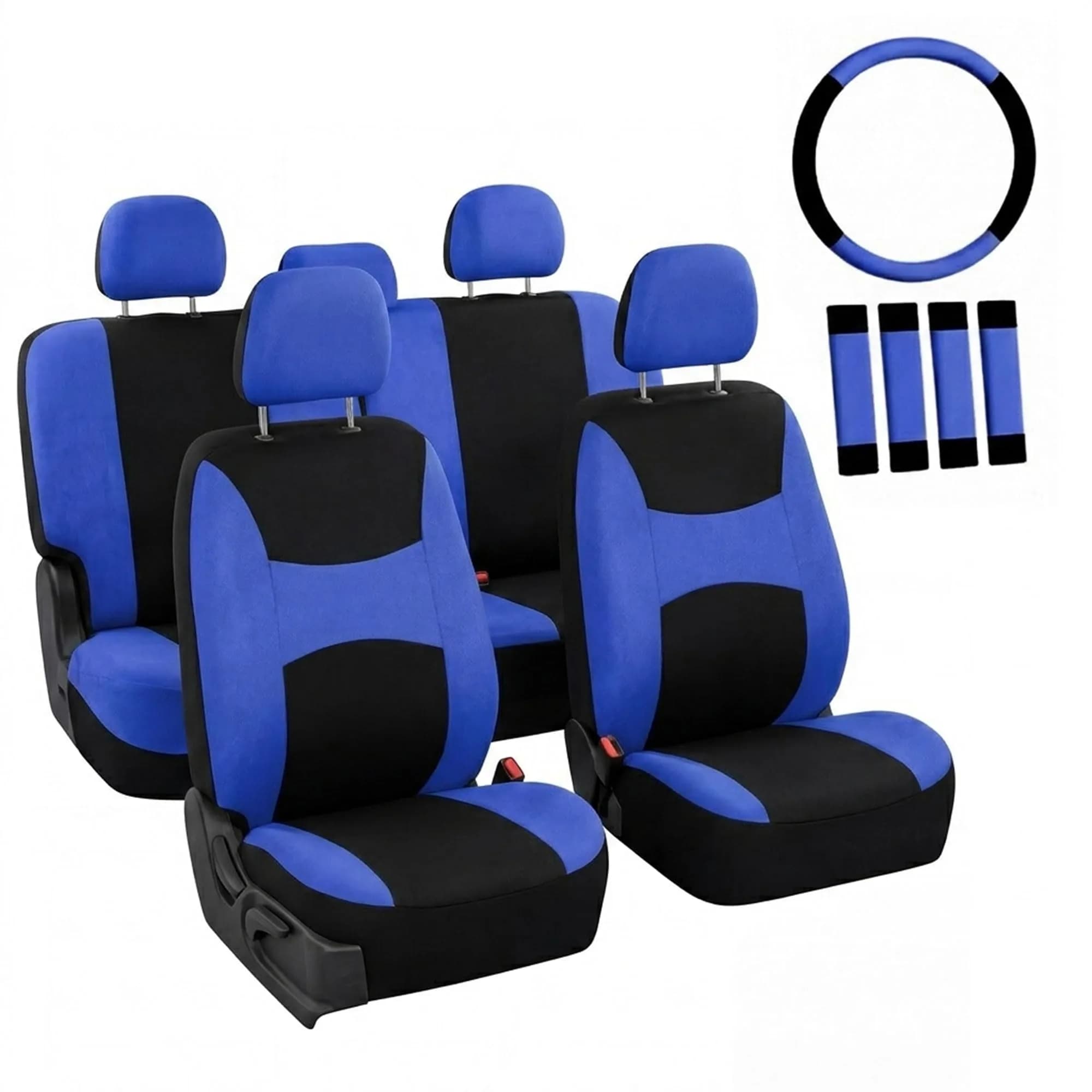 FH Group Full Set Cloth Car Seat Covers , Universal Fit Combo Set with Steering Wheel Cover and Seat Belt Pad for Cars, SUVs and Trucks, Blue — Blue/Black