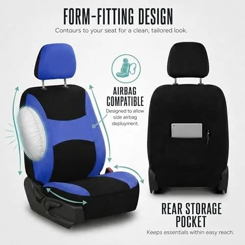 FH Group Full Set Cloth Car Seat Covers , Universal Fit Combo Set with Steering Wheel Cover and Seat Belt Pad for Cars, SUVs and Trucks, Blue thumbnail 4