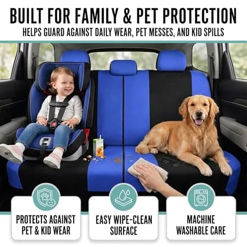 FH Group Full Set Cloth Car Seat Covers , Universal Fit Combo Set with Steering Wheel Cover and Seat Belt Pad for Cars, SUVs and Trucks, Blue thumbnail 5