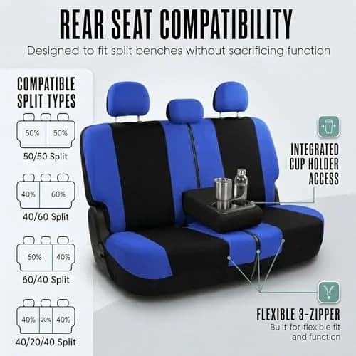 FH Group Full Set Cloth Car Seat Covers , Universal Fit Combo Set with Steering Wheel Cover and Seat Belt Pad for Cars, SUVs and Trucks, Blue thumbnail 6