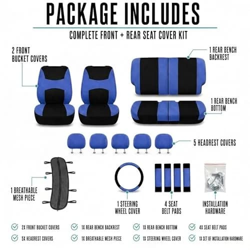 FH Group Full Set Cloth Car Seat Covers , Universal Fit Combo Set with Steering Wheel Cover and Seat Belt Pad for Cars, SUVs and Trucks, Blue thumbnail 7