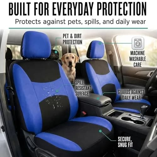 FH Group Full Set Cloth Car Seat Covers , Universal Fit Combo Set with Steering Wheel Cover and Seat Belt Pad for Cars, SUVs and Trucks, Blue thumbnail 8