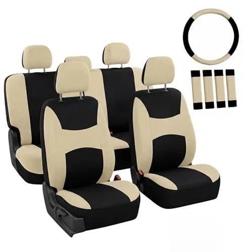 FH Group Automotive Seat Covers Beige Black Universal Fit Seat Cover Combo Set with Steering Wheel Cover and Seat Belt Pad (Airbag Compatible and Split Bench) thumbnail 1