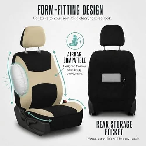 FH Group Automotive Seat Covers Beige Black Universal Fit Seat Cover Combo Set with Steering Wheel Cover and Seat Belt Pad (Airbag Compatible and Split Bench) thumbnail 4