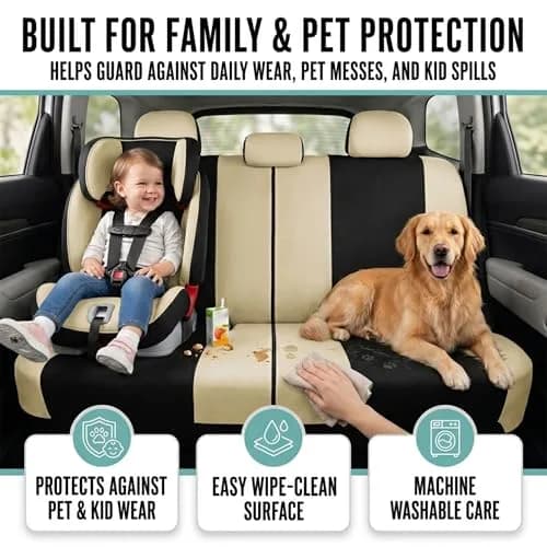 FH Group Automotive Seat Covers Beige Black Universal Fit Seat Cover Combo Set with Steering Wheel Cover and Seat Belt Pad (Airbag Compatible and Split Bench) thumbnail 5