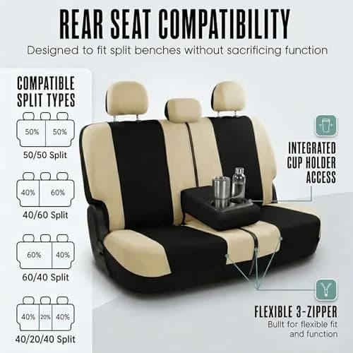 FH Group Automotive Seat Covers Beige Black Universal Fit Seat Cover Combo Set with Steering Wheel Cover and Seat Belt Pad (Airbag Compatible and Split Bench) thumbnail 6
