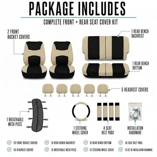 FH Group Automotive Seat Covers Beige Black Universal Fit Seat Cover Combo Set with Steering Wheel Cover and Seat Belt Pad (Airbag Compatible and Split Bench) thumbnail 7