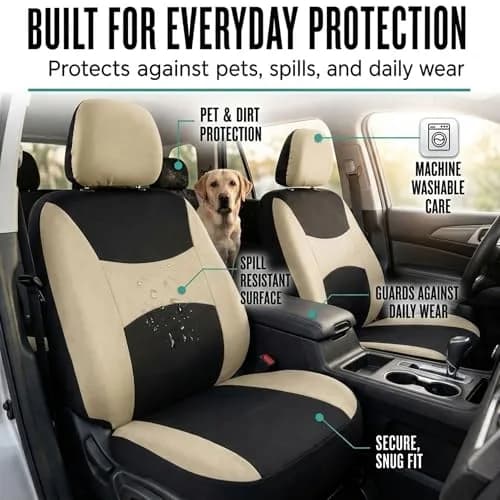 FH Group Automotive Seat Covers Beige Black Universal Fit Seat Cover Combo Set with Steering Wheel Cover and Seat Belt Pad (Airbag Compatible and Split Bench) thumbnail 8