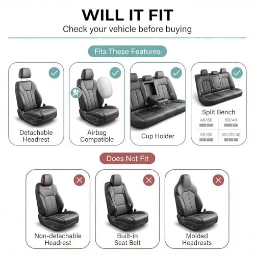 FH Group Automotive Seat Covers Beige Black Universal Fit Seat Cover Combo Set with Steering Wheel Cover and Seat Belt Pad (Airbag Compatible and Split Bench) thumbnail 2