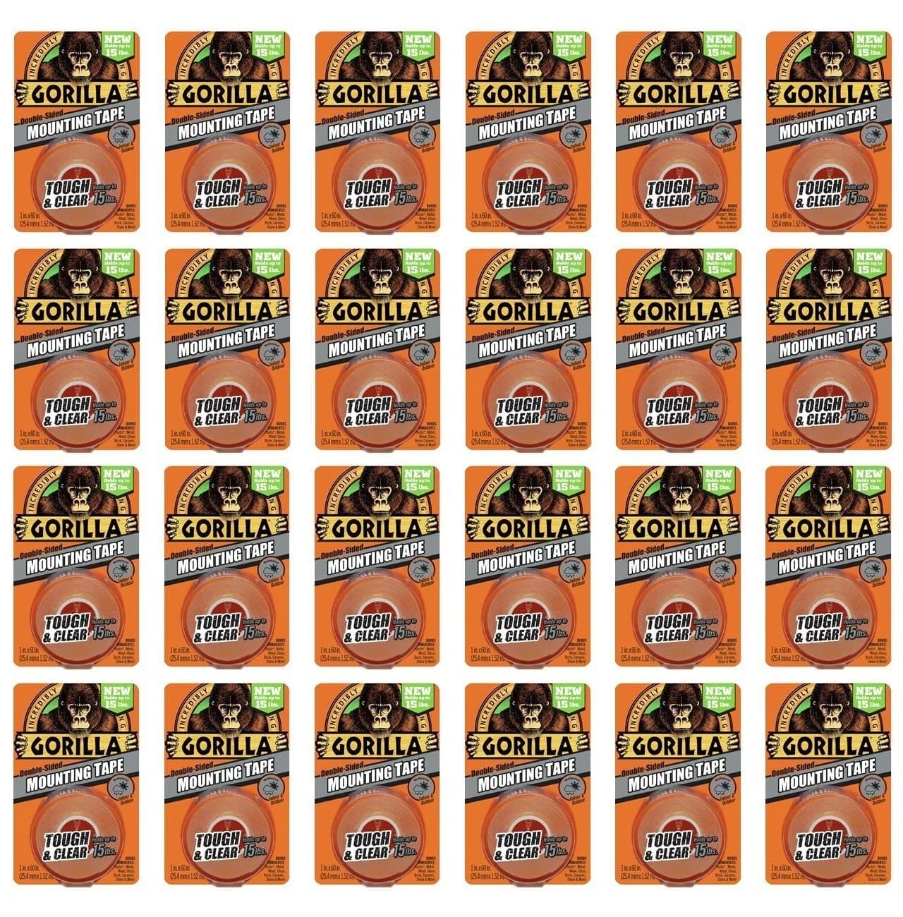 Gorilla Tough & Clear Mounting Tape 1" x 60" (25mm x 1.5m) — 24 Rolls | Bonds to Brick, Concrete, Stone, Glass, Metal, Plastic, Tile, Wood - main product image