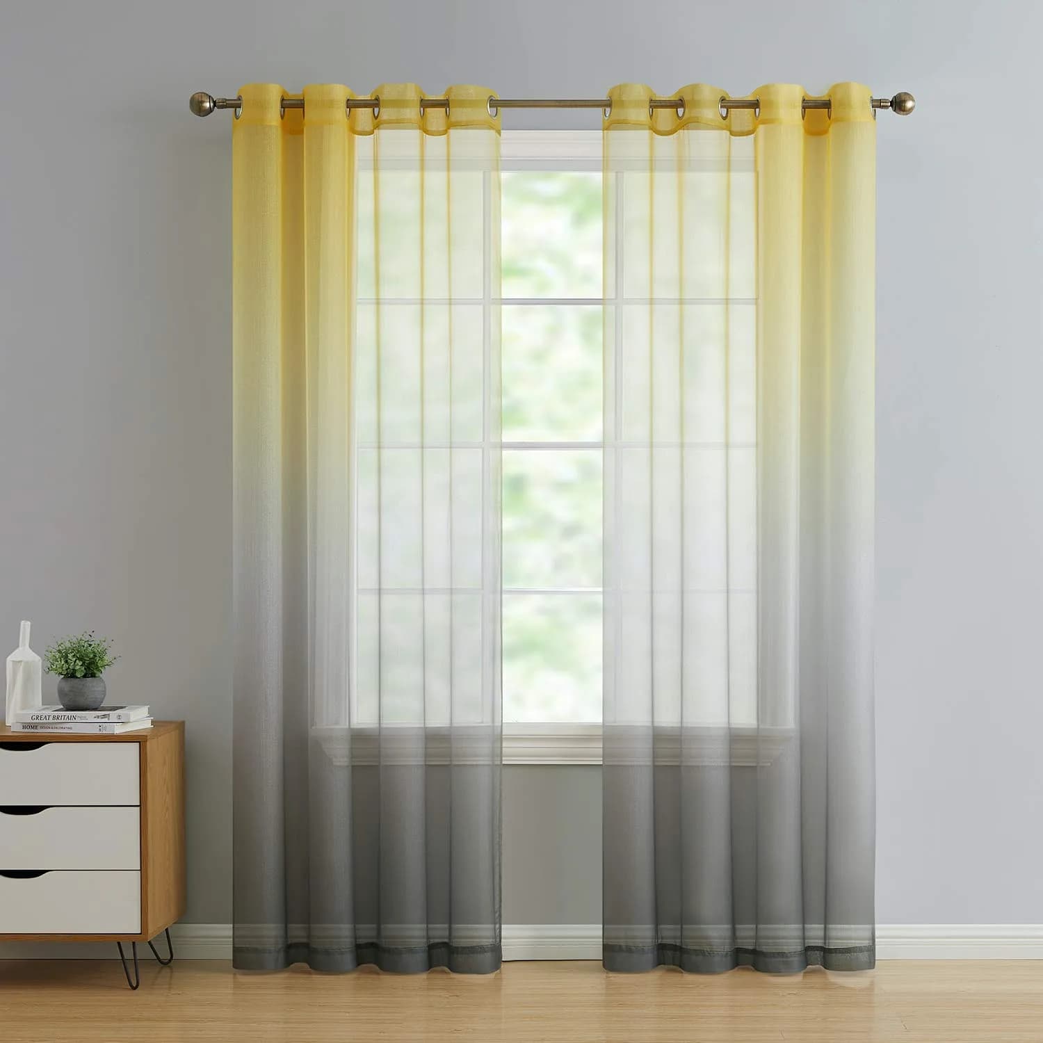 GoodGram 2 Pack Semi Sheer Ombre Grommet Curtain Panels | Assorted Colors (52x84 in) — Yellow/Grey Multi