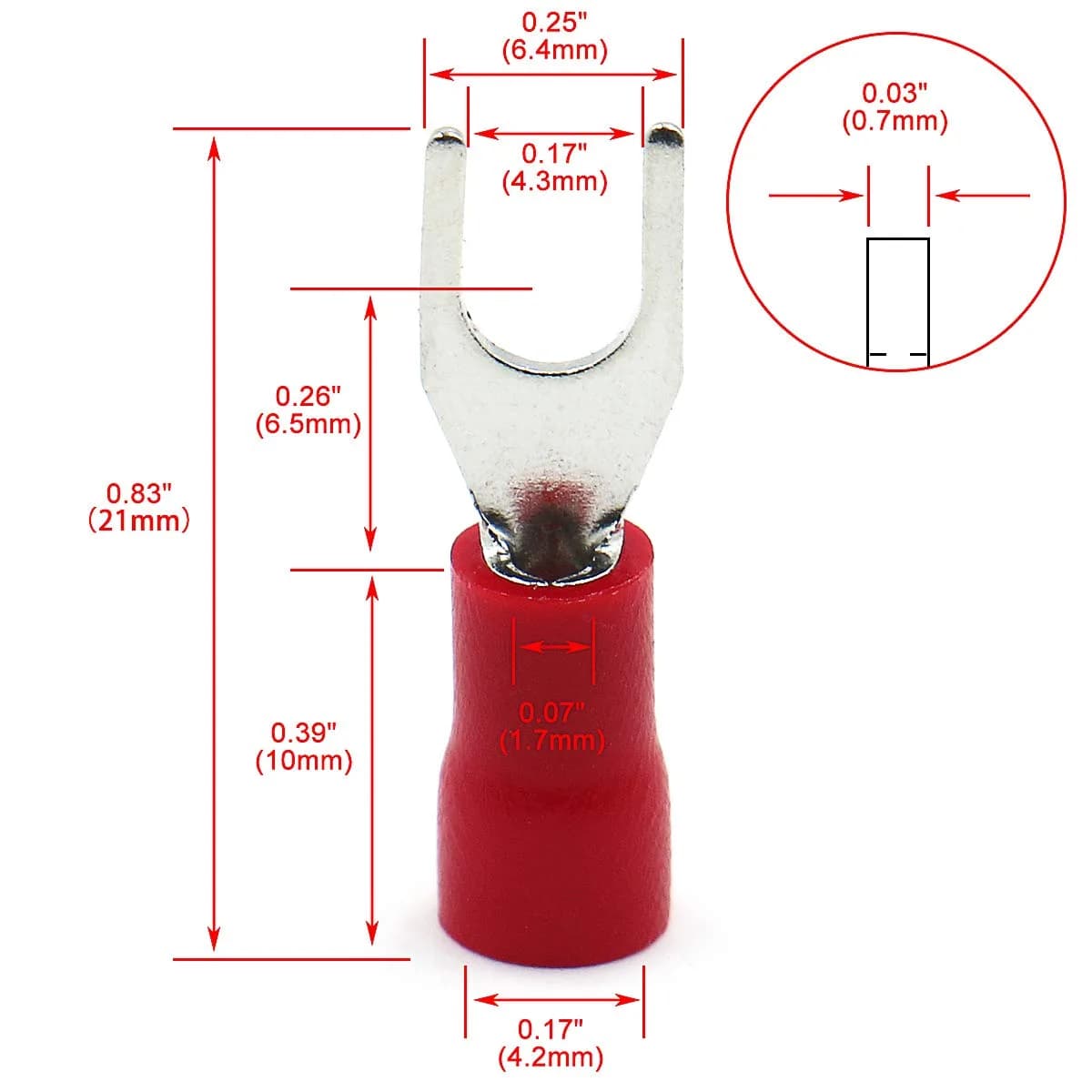 Baomain Red Fork Spade Insulated Terminal Connectors | 200-Pack, 22-16 AWG (0.5-1.5mm²), #8 Stud (4.3mm) - view 2