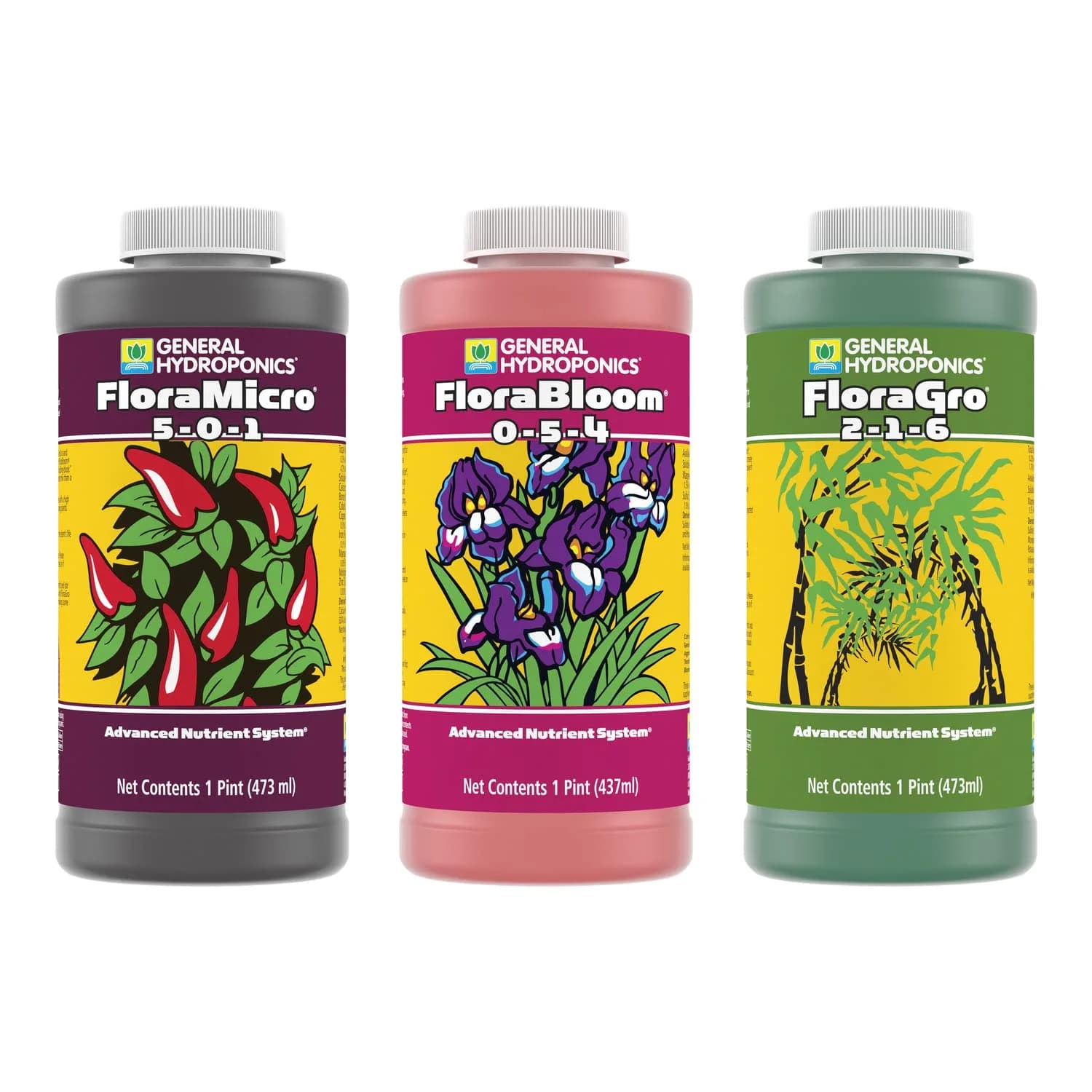 General Hydroponics Flora Series Nutrient Fertilizer System, 3-Part Bundle with FloraMicro, FloraBloom and FloraGro, 473ml (16 Fl Oz) - main product image