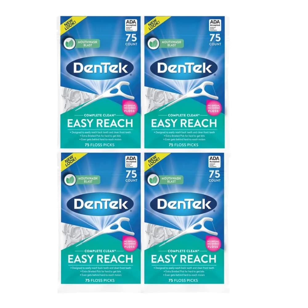DenTek Complete Clean Easy Reach Floss Picks, Mouthwash Blast Flavor, 75 ct. (Pack of 4) | Advanced Fluoride Coating