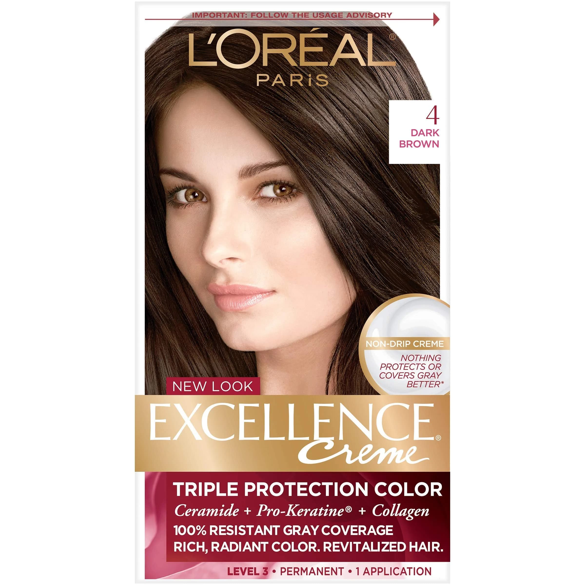 L'Oreal Paris Excellence Triple Protection Permanent Hair Color Creme, Dark Brown 4 | Rich Gray Coverage & Long-Lasting Color — 4 Dark Brown
