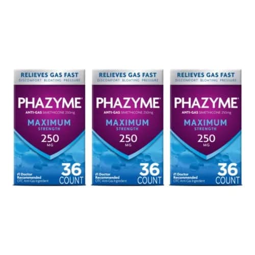 Phazyme Maximum Strength Gas and Bloating Relief 36 Fast GELS Pack of 3 | 250 mg Simethicone & 750 mg Calcium Carbonate | Fast-Acting Chewable Relief thumbnail 1