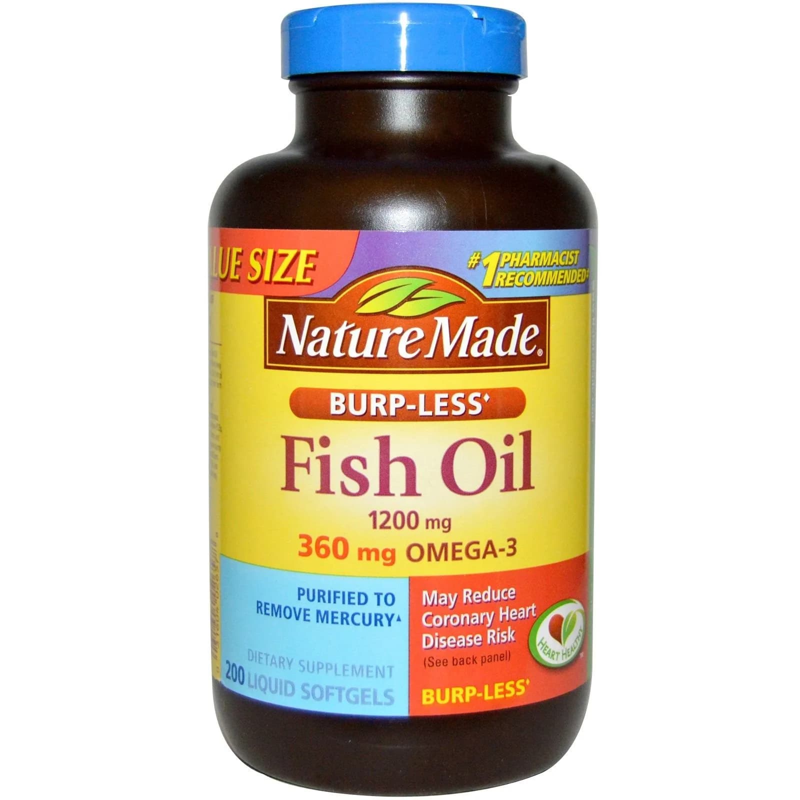 Nature Made Burp-Less Fish Oil 1200mg 360mg Omega-3 Liquid Softgels 400 Count (Pack of 2) | Supports Heart, Brain & Eye Health — Softgel