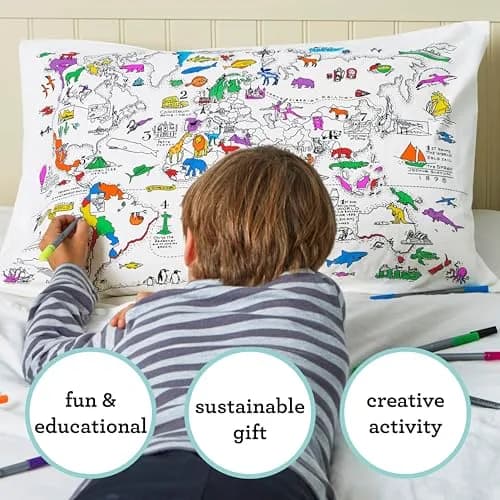 eatsleepdoodle Cotton World Map Coloring Pillowcase, 10pk | Washable Markers for Kids' Art & Sleep thumbnail 7