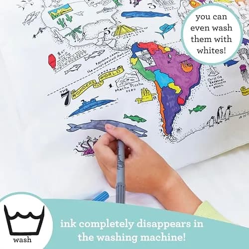 eatsleepdoodle Cotton World Map Coloring Pillowcase, 10pk | Washable Markers for Kids' Art & Sleep thumbnail 3