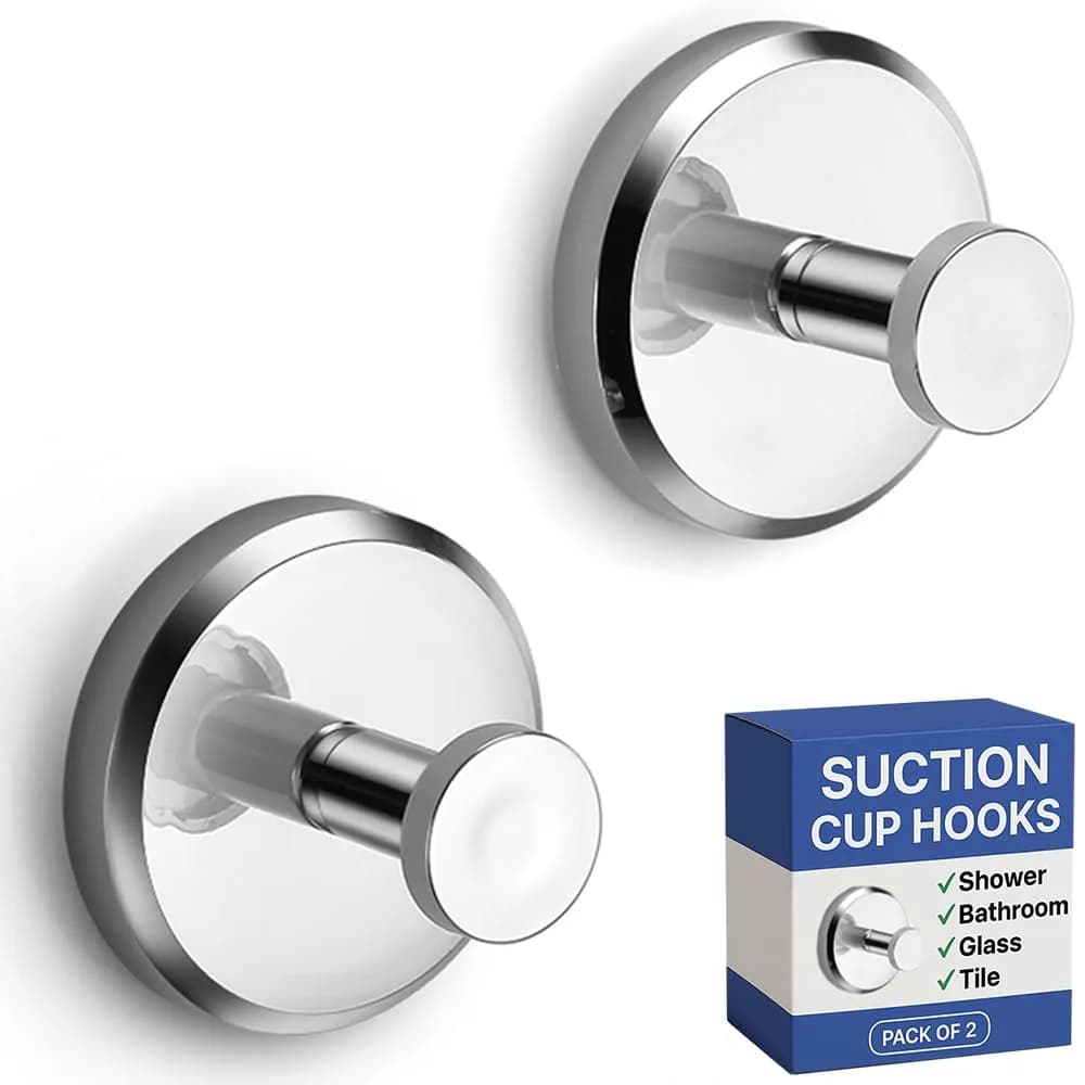 HOME SO Suction Cup Hooks for Shower & Bathroom Towel Holder 2-Pack Chrome | Strong Hold, No Drilling, Waterproof & Rustproof