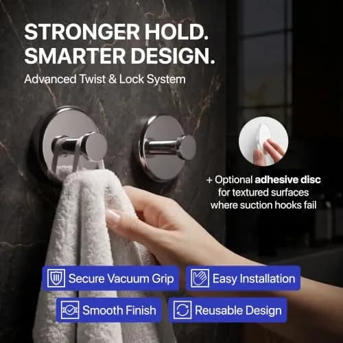 HOME SO Suction Cup Hooks for Shower & Bathroom Towel Holder 2-Pack Chrome | Strong Hold, No Drilling, Waterproof & Rustproof thumbnail 2