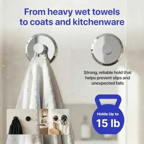 HOME SO Suction Cup Hooks for Shower & Bathroom Towel Holder 2-Pack Chrome | Strong Hold, No Drilling, Waterproof & Rustproof thumbnail 4