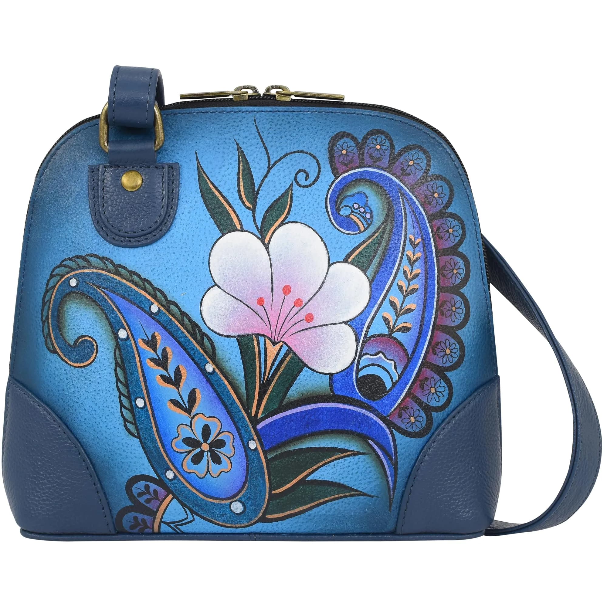 Anna by Anuschka Hand Painted Genuine Leather Small Organizer Bag | Denim Paisley Floral 18.5cm (7.25") — Denim Paisley Floral