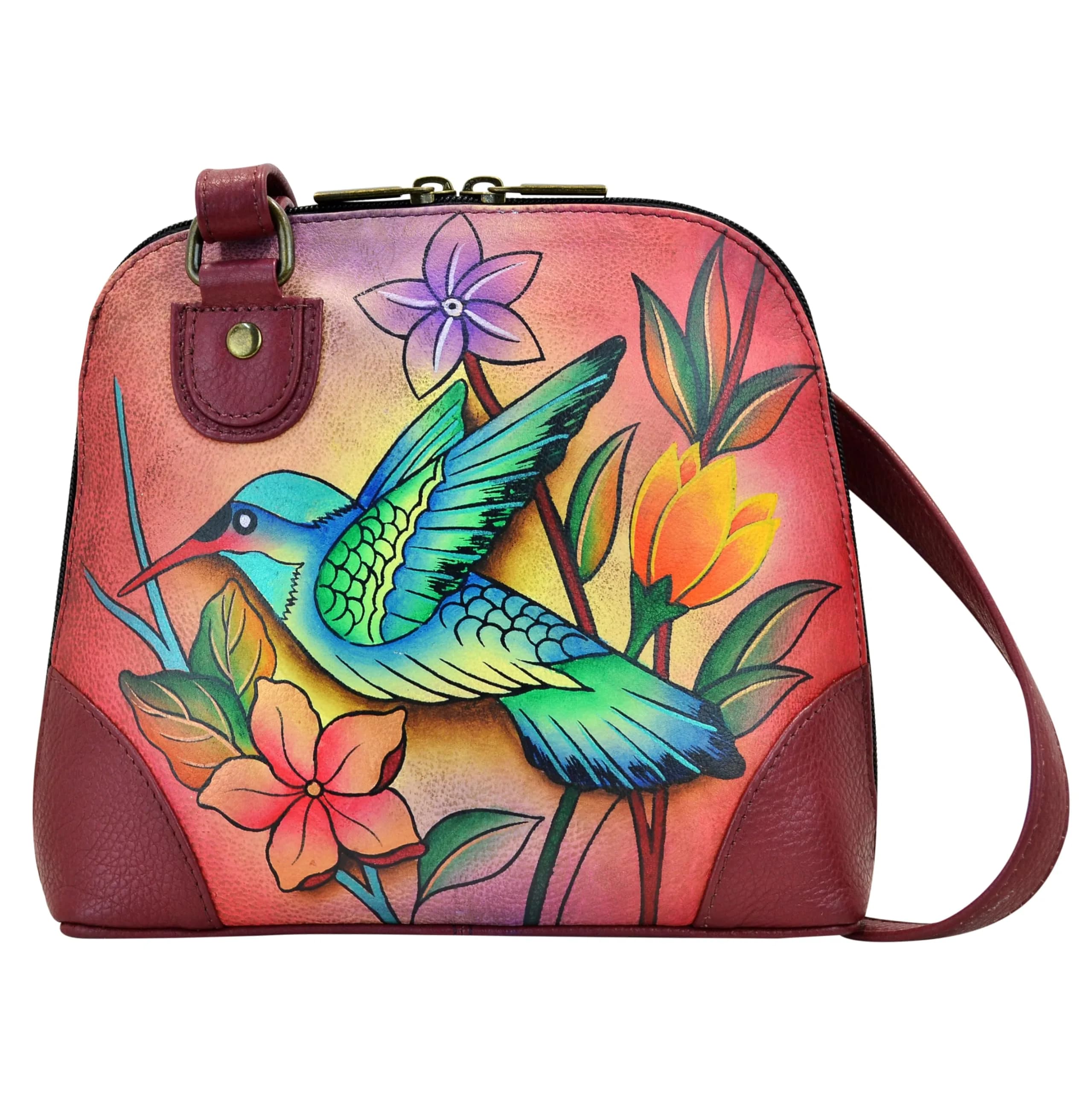 Anna by Anuschka Leather Small Multi Compartment Zip-Around Organizer, Birds in Paradise 17.8cm (7.25in) | Hand-Painted Artistry