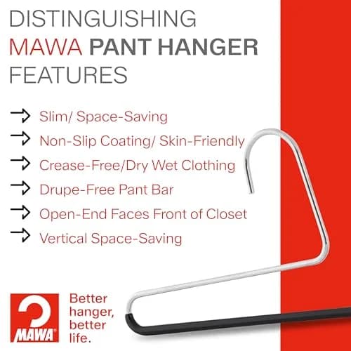 MAWA Reverse Hook Trouser Hanger Set of 10 | Space-Saving, Non-Slip, German Steel thumbnail 3