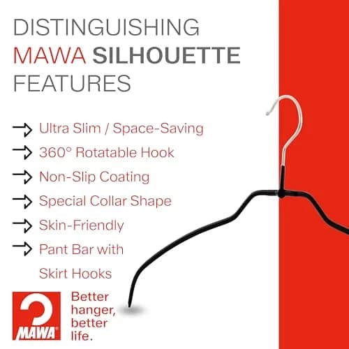 MAWA Silhouette Ultra-Thin Series Non-Slip Space Saving Shirt Hanger 20 Pack | German Quality & Space Maximize thumbnail 2