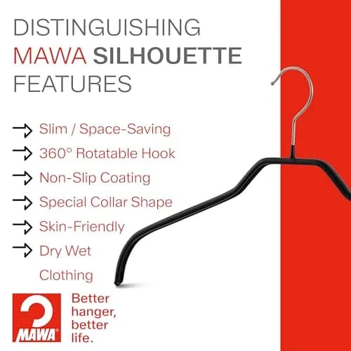 MAWA Silhouette Series Non-Slip Space Saving Clothes Hanger for Shirts & Dresses, Set of 10, White | German Steel Support thumbnail 2