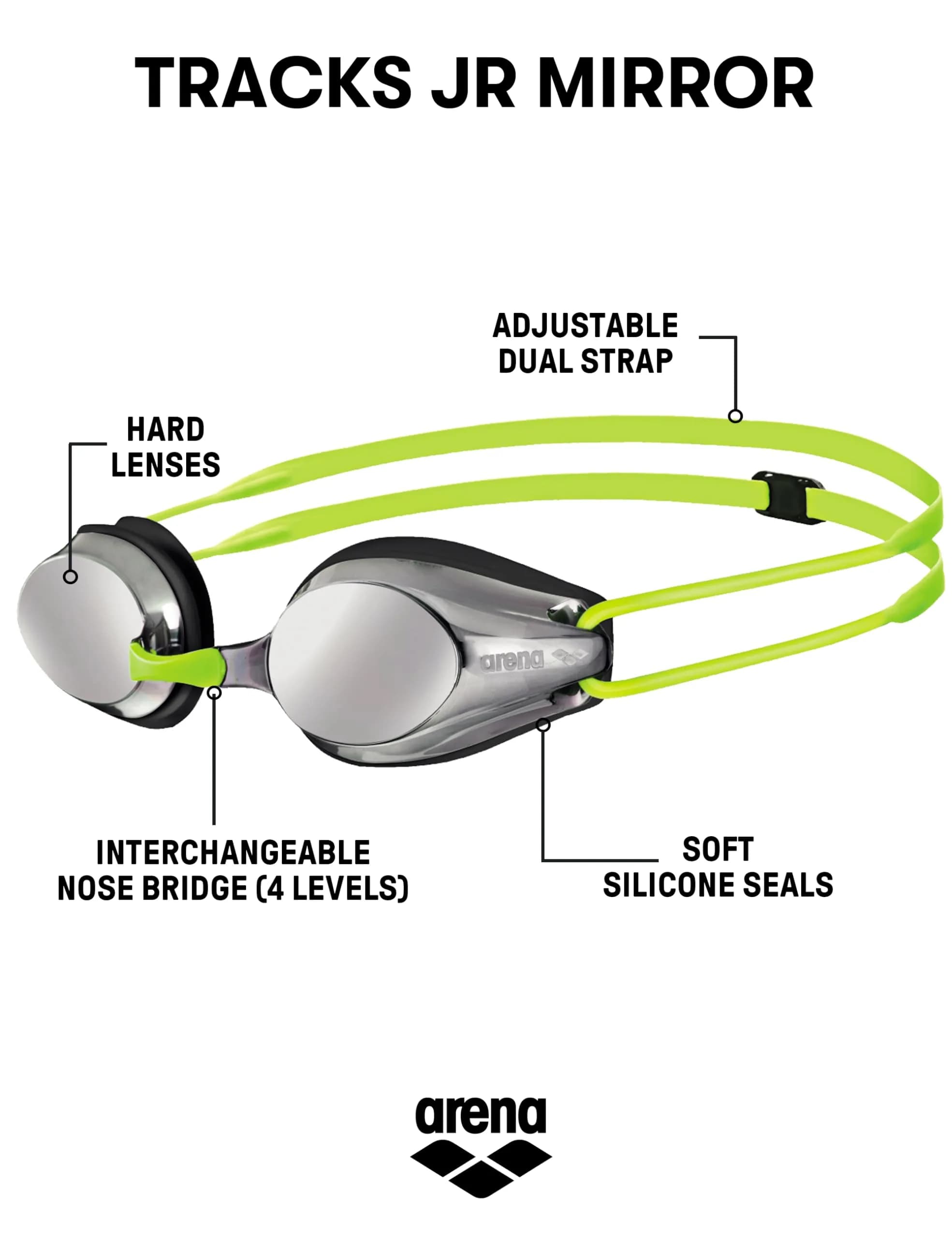 ARENA Tracks Junior Youth Essential Racing Swim Goggles Ages 6-12 | FINA Approved Anti-Fog Mirror Lens - view 2