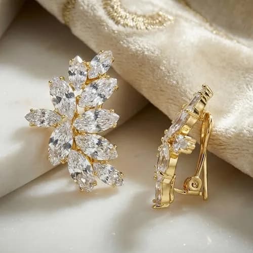 Mariell Clip-On Cubic Zirconia Bridal Earrings, Marquise Shape CZ Curved Clusters, Women Earrings for Wedding, Bridesmaids, Homecoming, Mother of the Bride | Elegant CZ Bridal Clip-Ons thumbnail 6