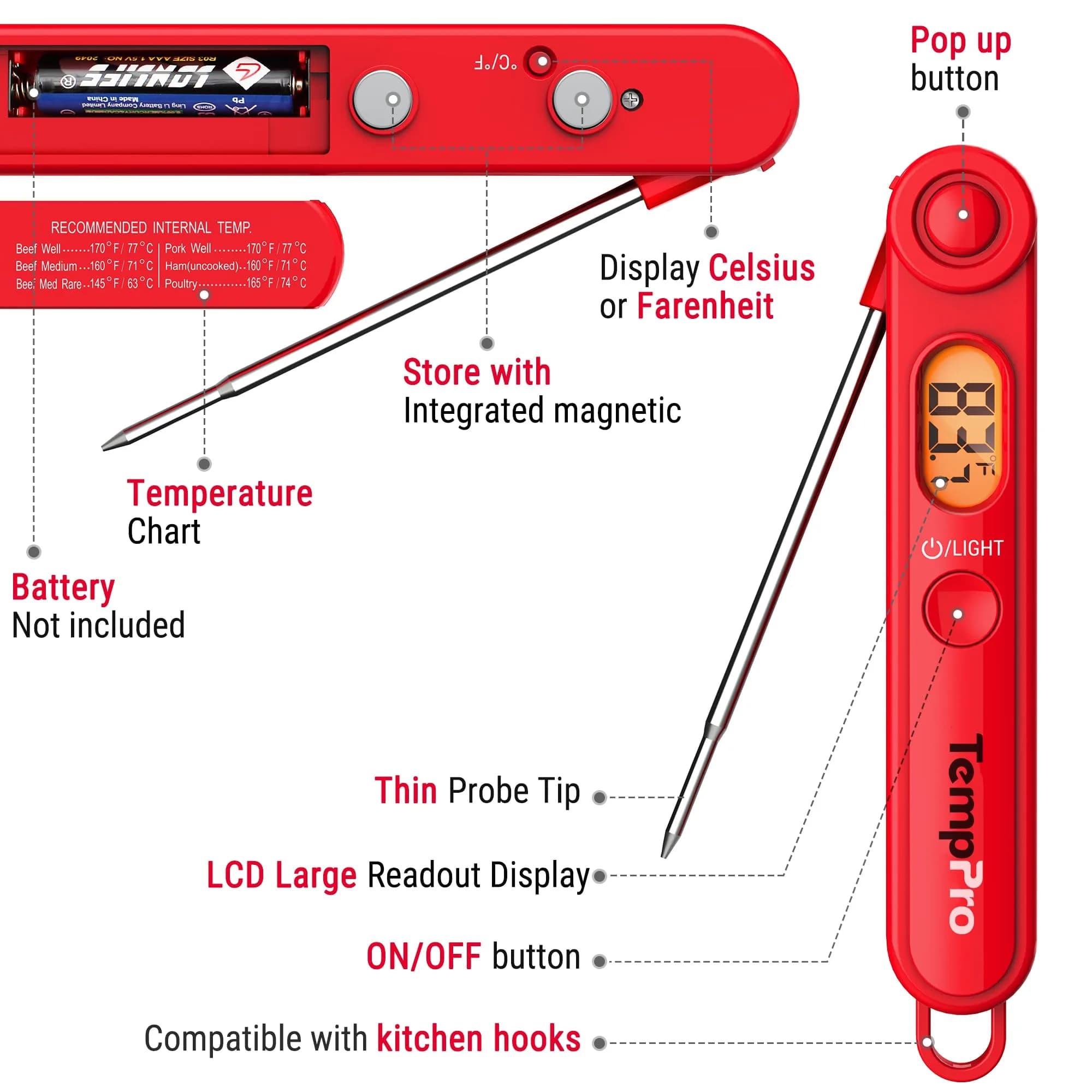 TempPro TP03B Digital Meat Thermometer with Backlight | Instant Read Cooking Thermometer for Grill, Smoker, BBQ, Oil, Candy, Bread, Coffee (156g / 5.5oz) - view 5