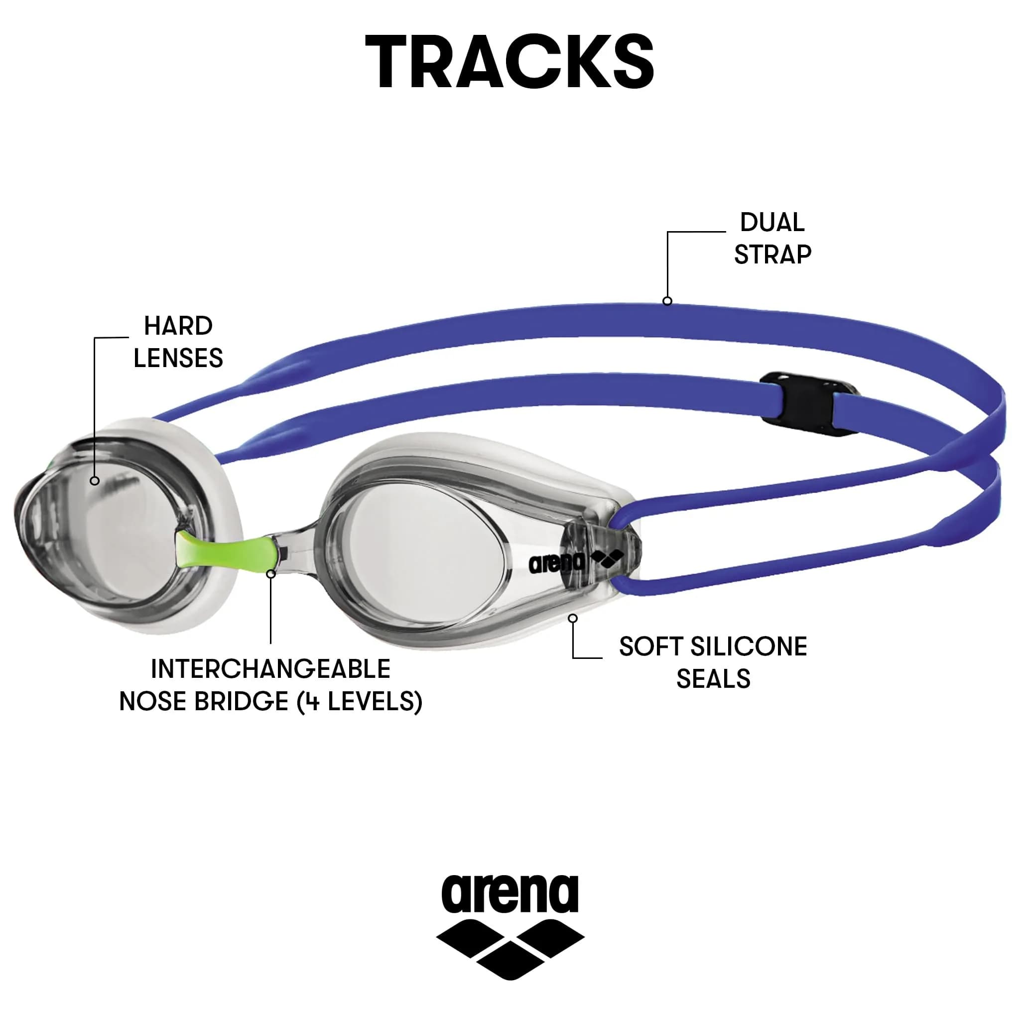 ARENA Tracks Adult Non-Mirror Racing Swim Goggles - White/Clear/Blue - view 2