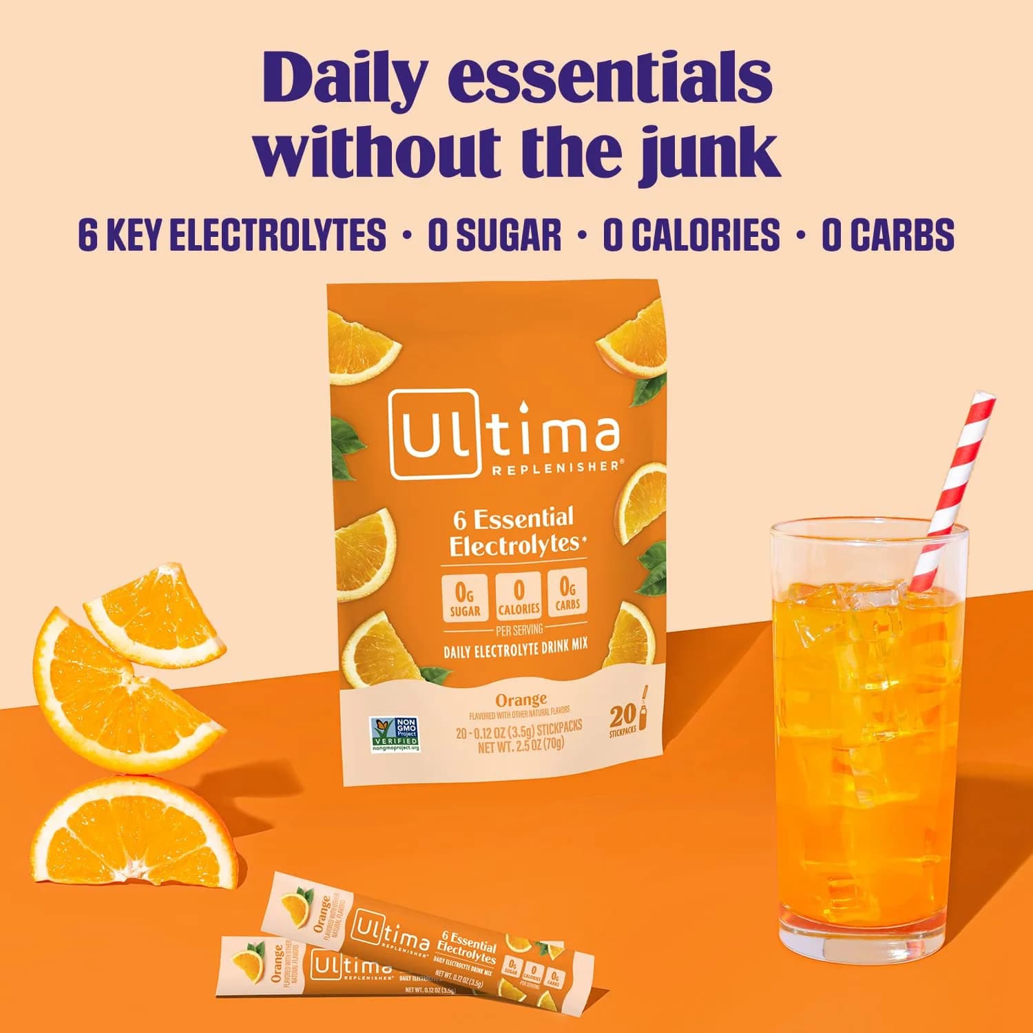 Ultima Replenisher Daily Electrolyte Powder Orange 20 Stickpacks | Zero Sugar Hydration with 6 Electrolytes & Minerals - view 2