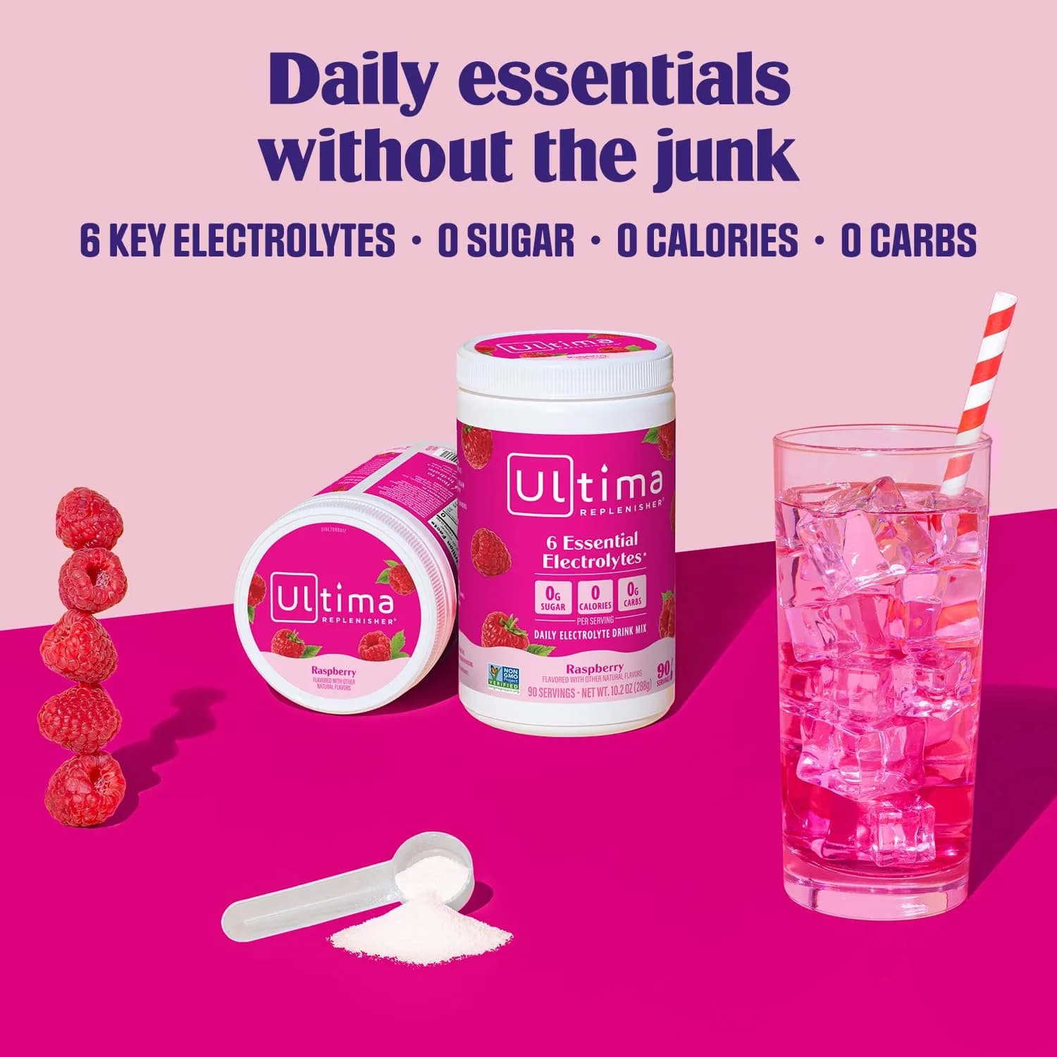 Ultima Replenisher Daily Electrolyte Powder Drink Mix Raspberry 10.2oz (290g) | Balanced Hydration with 6 Electrolytes - view 2