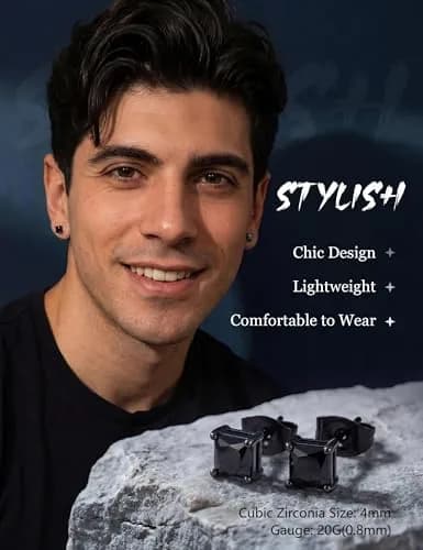 Jstyle Black Plated Stud Earring for Men 4mm Cubic Zirconia | Stylish Unisex Jewelry thumbnail 2