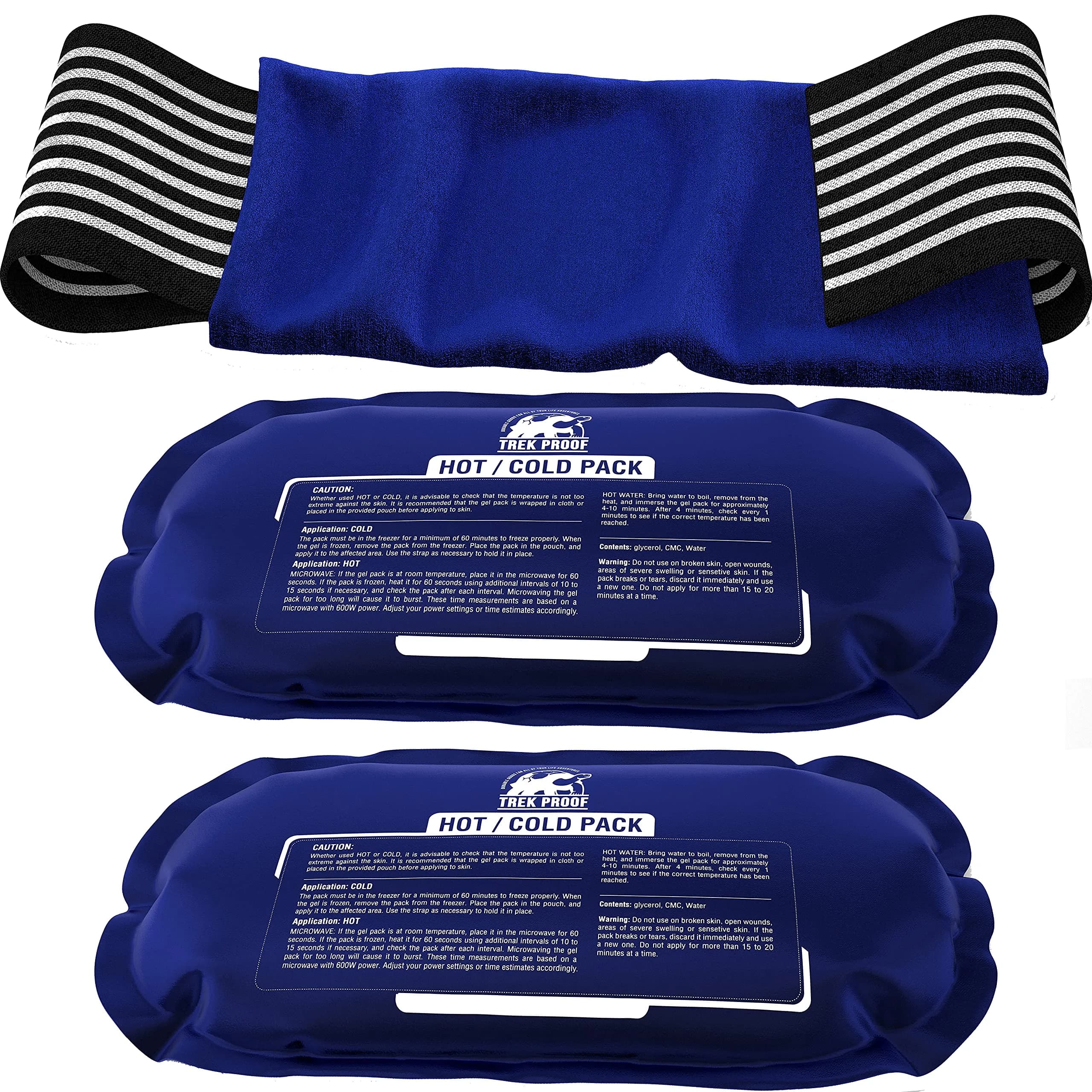 TrekProof Ice Packs for Injuries Reusable 3 Piece Set | Hot & Cold Gel Wrap Support for Recovery & Pain Relief