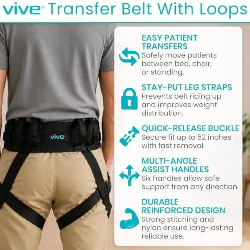 Vive Transfer Belt with Leg Loops & Padded Handles - 52 Inch Adjustable Gait Belt for Patient Lifting & Mobility Support thumbnail 2